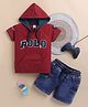 OLY KIDS Cotton Knit Half Sleeves Polo Text Printed Hooded Tee & Shorts Set - Red