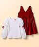 Babyhug Velvet Woven Full Sleeves Frock With Inner Tee Bow Applique - Red