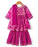 Teentaare Cotton Woven Three Fourth Sleeves Bandhani & Floral Printed Kurta Sharara & Dupatta Set with Lace Detailing - Dark Pink