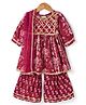 Teentaare Cotton Woven Three Fourth Sleeves Floral Printed Kurta Sharara & Dupatta Set with Lace Detailing - Dark Red