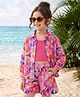 OLLINGTON ST. Georgette Knit Woven Full Sleeves Shrug & Shorts With Inner Rib Top - Dark Pink