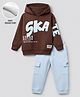 Primo Gino Cotton Brushed Terry Knit Oversized Drop Shoulder Full Sleeves Hooded Winter Wear Suit With Text Print - Brown & Blue