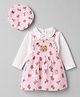 Wow Clothes Cotton Knit Bear Printed Frock & Full Sleeves Inner Tee with Cap -Peach