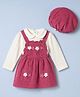 Wow Clothes Cotton Knit Frock & Full Sleeves Inner Tee with Floral Applique & Cap -Dark Pink