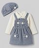 Wow Clothes Cotton Knit Frock & Full Sleeves Inner Tee with Floral Applique & Cap -Grey