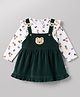 Wow Clothes Knit Rib Frock & Full Sleeves Inner Tee with Butterfly Print & Bear Patch- Dark Green