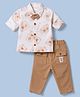 WOW Clothes Knit Full Sleeves Party Wear Bear Printed Shirt with Attached Bow & Corduroy Pant Set- Light Brown