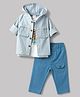 WOW Clothes 100% Cotton Knit Full Sleeves Hooded Checked Shirt & Pant Set With Inner Tee - Light Blue