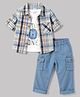 WOW Clothes 100% Cotton Knit Print Half Sleeves Checked Shirt & Pant Set With Inner Tee - Blue