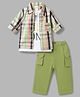 WOW Clothes 100% Cotton Knit Half Sleeves Checked Shirt & Pant Set With Text Printed Inner Tee - Green