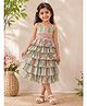 Twisha Cotton Woven Sleeveless Striped & Floral Printed Layered Dress - Olive Green & Pink