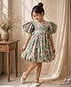Twisha Cotton Woven Half Puffed Sleeves Floral Printed Balloon Dress - Olive Green & Pink