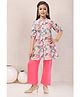 MASTARANG Woven Three Fourth Sleeves Geometric Printed Kurti & Pants Set - Pink