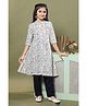MASTARANG Cotton Flax Woven Three Fourth Sleeves Floral Printed Kurti & Pants Set - Navy Blue