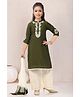 MASTARANG  Woven Three Fourth Sleeves Floral Embroidered Kurti Pants Set With Dupatta - Bottle Green