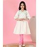 MASTARANG Flax Woven Three Fourth Sleeves Floral Embroidered Kurti & Pants Set - Off White