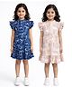 Anthrilo Cotton Blend Knit Pack Of 2 Cap Sleeves Ruffle Detailed Bows & Unicorns Printed Dresses - Blue & Pink