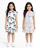 Anthrilo Cotton Blend Knit Pack Of 2 Cap Sleeves Ruffle Detailed Bow Knot Ribbons Printed Dresses - Black & Off White