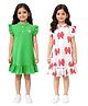 Anthrilo Cotton Blend Knit Pack Of 2 Cap Sleeves Ruffle Detailed Bow Knot Ribbons & Glitter Embellished Heart Printed Dresses - Green & Pink