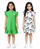 Anthrilo Cotton Blend Knit Pack Of 2 Cap Sleeves Ruffle Detailed Bow Knot Ribbons & Glitter Embellished Heart Printed Dresses - Green & Off White