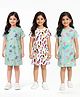 Anthrilo Cotton Knit Pack Of 3 Half Sleeves Butterfly & Ice Creams Printed Night Dresses - Green White & Aqua Blue