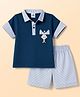 Mini Taurus Knit Half Sleeves Polo T-Shirt & Shorts Set with Stripes & Applique - Navy
