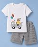Mini Taurus Knit Half Sleeves T-Shirt & Shorts Set with Bear & Car Print -White & Charcoal Grey