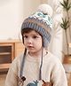 Babyhug Viscose Woollen Cap with Knot, Ear & Pom Pom and Bear Print Grey - Diameter 20 cm