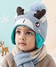 Babyhug Woollen Cap with Pom Pom & Reindeer Applique in Blue - Diameter 17.5 cm