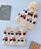 Babyhug Woollen Cap & Sets WIth Vehicle Design in Beige - Diameter 18.5 cm