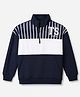 Primo Gino Cotton Brushed Terry Knit Color Block Full Sleeves Oversized Drop Shoulder High Neck Sweatshirt With Zipper Opening - Navy Blue