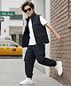 OLLINGTON ST. Sinker Knit Woven Taffeta Sleeveless Jacket & Joggers With Half Sleeves Solid T-Shirt - Charcoal Grey