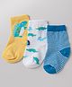 Cute Walk By Babyhug Non Terry Knit Anti Bacterial Ankle Length Striped Socks With Dinosaur Design Pack of 3 -  White, Blue & Yellow