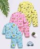 Little Ninja Cotton Knit Full Sleeves Co-Ords T-Shirt & Pyjama Night Suit with Space Theme Tiger & Vehicle Print Pack of 3 - Light Blue Pink & Yellow