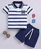 Little Ninja Cotton Knit Half Sleeves Striped & 98 Numerical Printed Polo T-Shirt & Shorts Set - Navy Blue