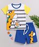 Little Ninja Cotton Knit Half Sleeves Striped & Giraffe Printed T-shirt & Shorts Set - Blue