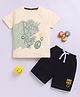 Little Ninja Cotton Knit Half Sleeves Good Vibes Text Printed T-Shirt & Shorts Set - Cream