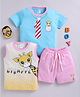 Little Ninja Cotton Knit Half Sleeves Giraffe Printed T-Shirt & Shorts Set With Tank T-Shirt - Blue