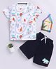 Little Ninja Cotton Knit Half Sleeves Safari Theme Printed T-Shirt & Shorts Set - White