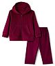 Kanvin Knit Front Open Full Sleeves Solid Hooded Sweatshirt and Pant Set - Maroon