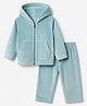 Kanvin Knit Full Sleeves Solid Front Open Winter Hooded Sweatshirt and Pant Set - Light Blue