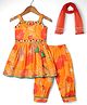 Blabber Sleeveless Gota Lace Embellished Thread & Mirror Work Detailed & Floral Printed Kurti Patiala Set With Dupatta - Orange