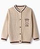 Bonfino 100% Cotton Ribbed Knit Full Sleeves Front Open Sweater with Teddy Bear Embroidery - Beige