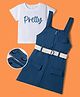 OLLINGTON ST. Cotton Knit Pinafore Dress and Inner T-Shirt and Belt with Short Sleeves and Pretty Print in White for 3-4 Years