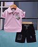 Unfab Cotton Knit Half Sleeves Typography Printed Polo Tee & Shorts Set - Pink