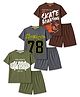 KUCHIPOO Cotton Blend Knit Pack Of 3 Half Sleeves Sports  Typography & Numeric Printed Tee & Shorts Sets - Coffee Brown Charcoal Melange & Olive Green