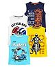 KUCHIPOO Cotton Blend Knit Pack Of 4 Sleeveless Headphones Bike & Typography Printed Tees - White Yellow Sky & Navy Blue