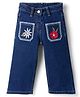 Bonfino Woven Full Length Floral Embroidered Pocket Wide Leg Jeans - Navy Blue