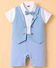 Babyhug Interlock Woven Half Sleeves Partywear Romper With Attached Waistcoat & Bow - Light Blue