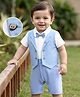 Babyhug Interlock Woven Half Sleeves Partywear Romper With Attached Waistcoat & Bow - Light Blue